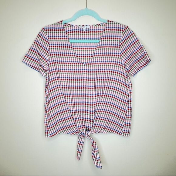 Madewell Seersucker Plaid Tie-Front V-Neck Pullover Short Sleeve Top - Size XS - Picture 1 of 7